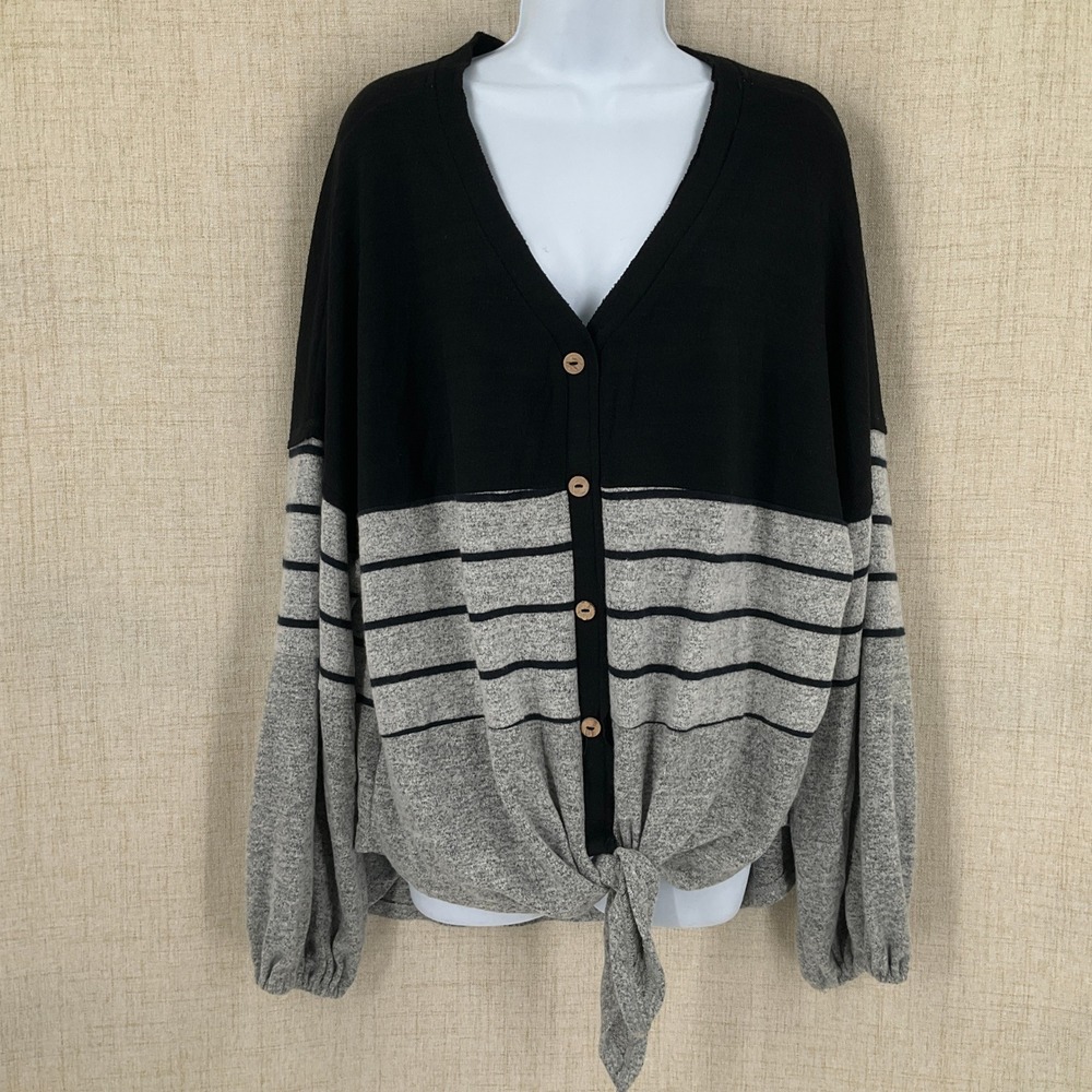 Umgee Women Striped‎ Colorblock Tie Front Button Cardigan Oversized Sz M Casual